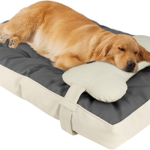 35" x 23" Waterproof Faux Leather Large Dog Beds, High Resilience Foam Dog Bed for Crate with Detachable Bone Pillow, Non-Slip Bottom Kennel Pad for Medium & Large Breed, Easy to Clean
