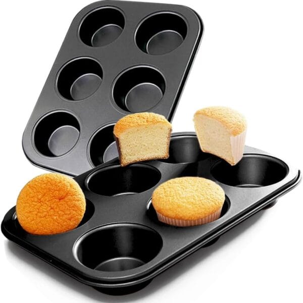 2 Packs Premium Steel Muffin Pan for Baking, Round Muffin Baking Pan, Baking Tray for Muffins, Cupcakes, Brownie(Black, 6 Cup)