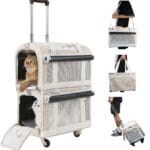 Double Cat Carrier for 2 Cats with Wheels, 3-in-1 Pet Stroller Removable Carrier Trolley Bags Small Dogs Puppy, Large Pet Rolling Carriers Sof for Travel Trip Backpack Outdoor Portable, Khaki