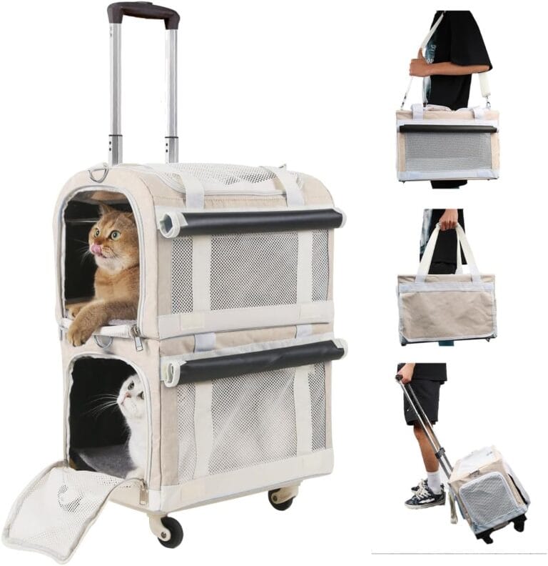 Double Cat Carrier for 2 Cats with Wheels, 3-in-1 Pet Stroller Removable Carrier Trolley Bags Small Dogs Puppy, Large Pet Rolling Carriers Sof for Travel Trip Backpack Outdoor Portable, Khaki