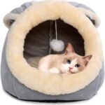 Cat Beds for Indoor Cats - Rabbit-Shaped Cat Cave Bed with Hanging Toy,Super Soft Calming Pet Bed for Kitten&Puppy,Small Dog,Warm Plush&Machine Washable&Removable Cotton Pad,cat Hideaway(Grey M)
