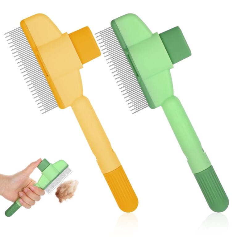 Flea Comb for Dogs and Cats with Release Button, 2PCS Comfort safety Pet Hair Removal Comb & Flea Combs with Long & Short Stainless Steel Metal Teeth for Short/Long Hair