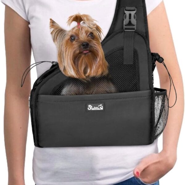 SlowTon Pet Dog Sling Carrier, Hands Free Hard Bottom Papoose Small Animal Puppy Up to 6 lbs Travel Bag Tote Breathable Mesh Support Adjustable Padded Strap Pocket Safety Belt(Widened Black)