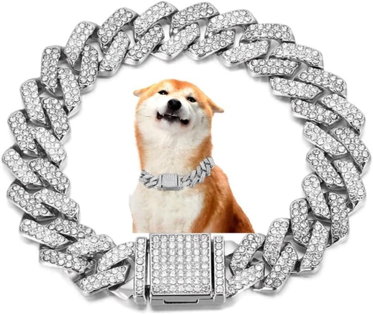 Dog Chain Collars, Cuban Link Chain for Dogs Glitter Rhinestone Jewelry Diamond Necklace Metal Choke 14mm Wide Pet for Puppy XS Small Medium Large Dogs Cats Sliver (8inch)