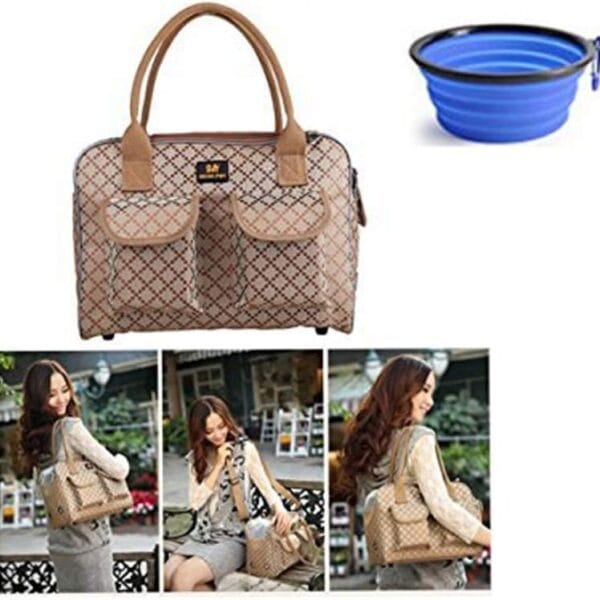 Hubulk Dog Carrier Bag Pet Tote Bag Doggie Handbag Cat Purse Puppy Pouch, Free Collapsible Dog Bowl Included (S Khaki)