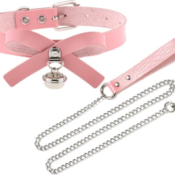 Heavy Duty Dog Leash with Bell Collar Necklace, Metal Chains Leash with PU Handle for Medium Large Size Pets (Pink)