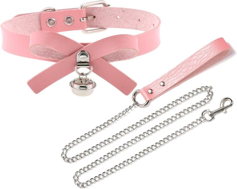 Heavy Duty Dog Leash with Bell Collar Necklace, Metal Chains Leash with PU Handle for Medium Large Size Pets (Pink)