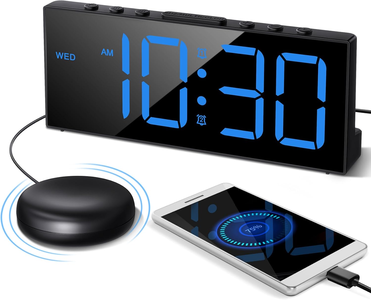Digital Alarm Clock with Bed Shaker, Large Numbers Plug in Alarm Clock for Heavy Sleepers Adults Teens with USB Charger, Dual Alarm, 12/24Hr, Snooze, Dimmable, Adjustable 3-Levels Volume-Black Digital Alarm Clock with Bed Shaker, Large Numbers Plug in Alarm Clock for Heavy Sleepers Adults Teens with USB Charger, Dual Alarm, 12/24Hr, Snooze, Dimmable, Adjustable 3-Levels Volume-Black