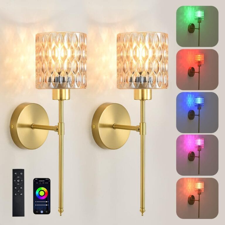 Gold Battery Operated Wall Sconces Set of 2,Wireless Wall Lamp with Remote Control & Glass lampshape,Vintage Rechargeable Battery Powered Wall Sconce 12 Color Wall Lights for Bedroom Living Room