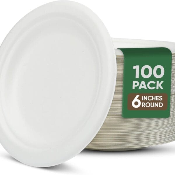 Dessert Plates, 100 Pack Small Paper Plates, Paper Plates 6 Inch  100% Compostable Plates, Water & Oil Proof Disposable Plates, Microwavable Perfect Paper Plate For Party - White