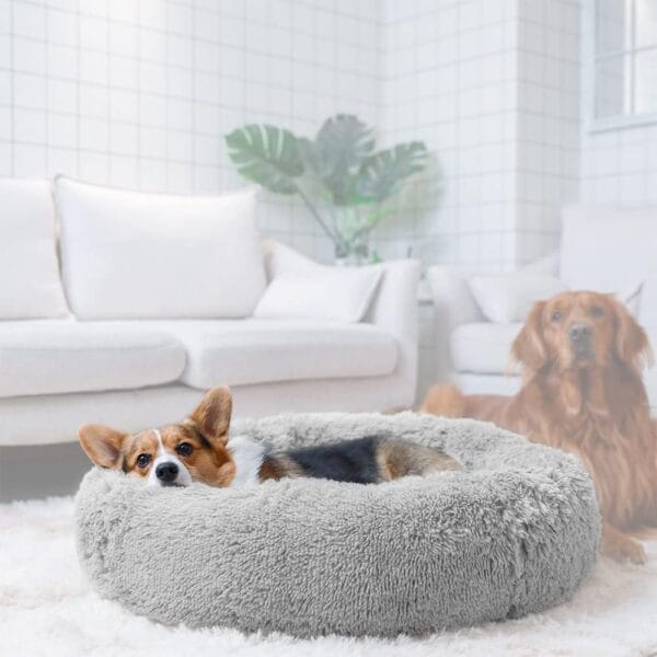 Calming Dog Bed, Round Donut Cuddler Pet Beds Washable Plush Comfy Cozy Small Medium Dogs Cushion for Cat Puppy Doggie Chihuahua Waterproof Bottom (24"), Light Grey