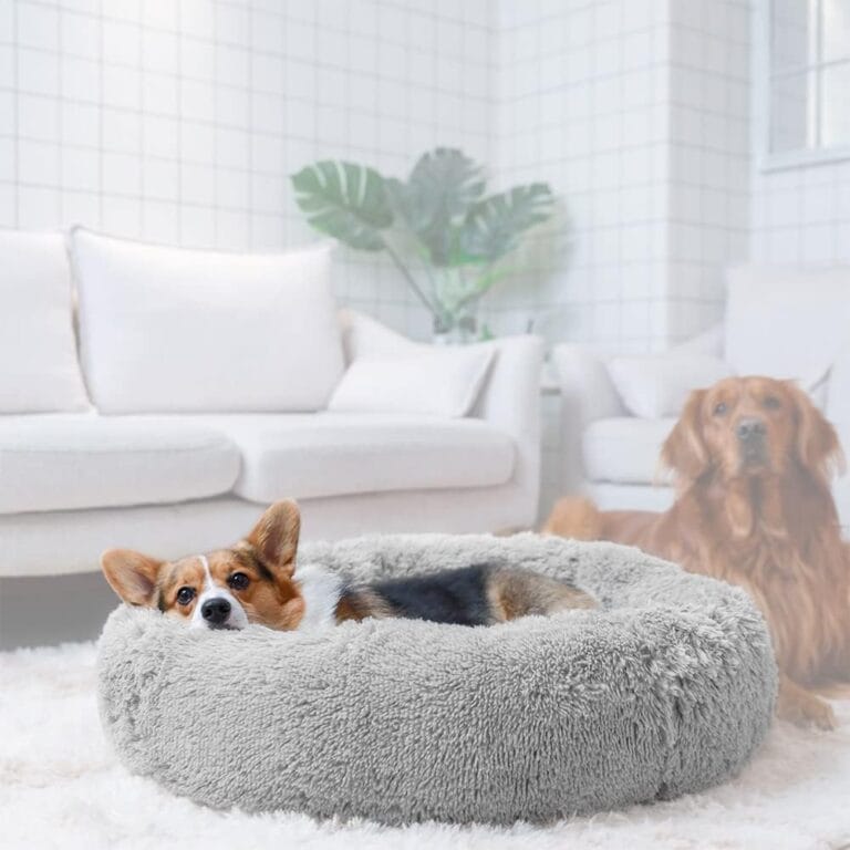 Calming Dog Bed, Round Donut Cuddler Pet Beds Washable Plush Comfy Cozy Small Medium Dogs Cushion for Cat Puppy Doggie Chihuahua Waterproof Bottom (24"), Light Grey