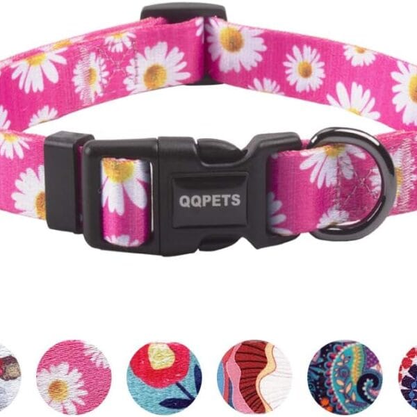 QQPETS Adjustable Soft Dog Collar: Print Flower Pink Multicolor Cute Patterns for XS Small Medium Large Pet Girl Boy Puppy Walking Running Training (S, Small Daisies)