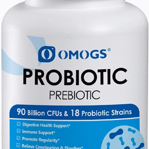 OMOGS Probiotics 90 Billion CFUs 18 Strains,with 3 Organic Prebiotics & Vitamin C,Nutritional Supplement for Women,Men & Kids,Support Metabolism,Immunity and Digestive Health,Non-GMO, 90 Tablets