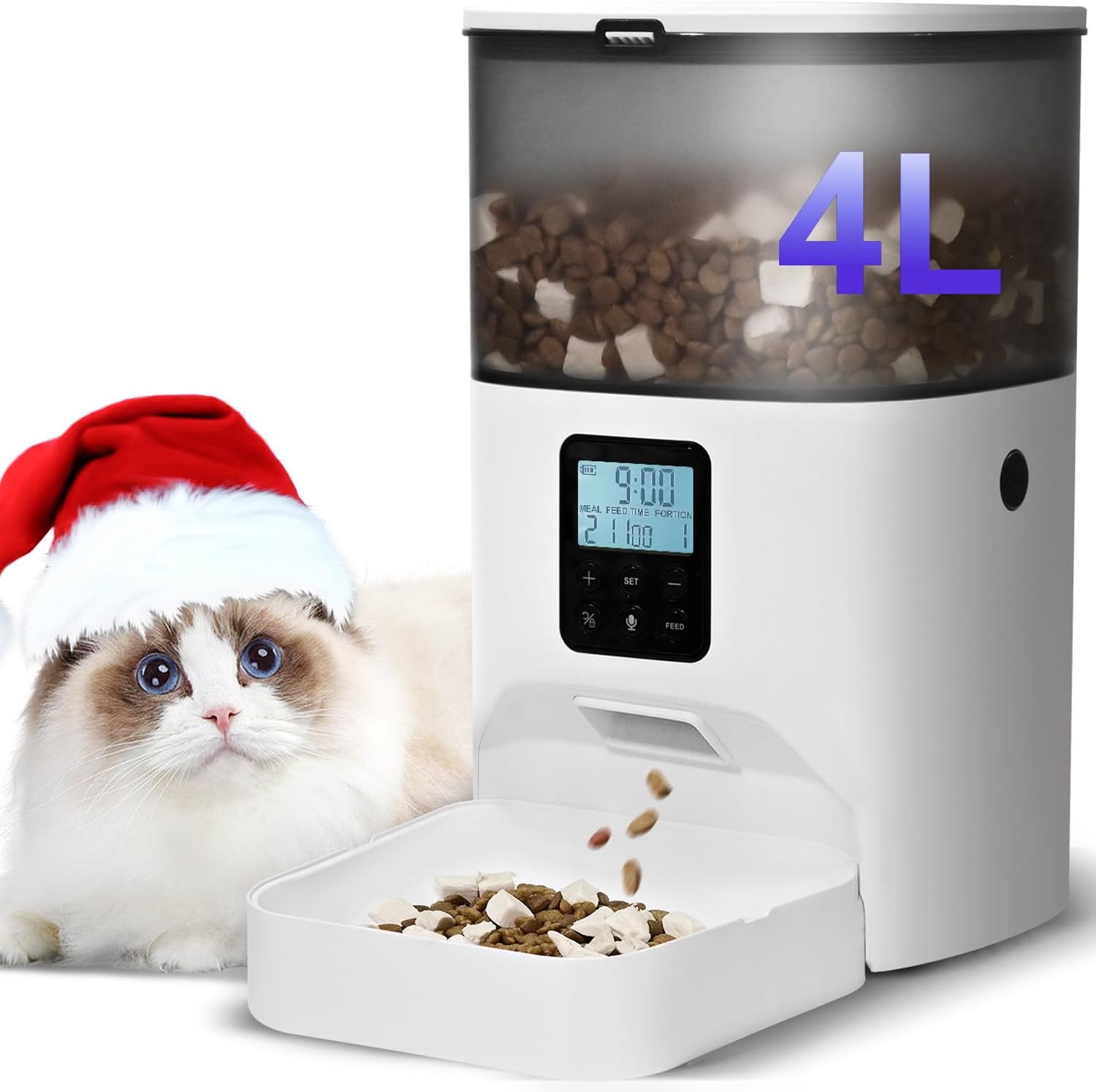 Automatic Cat Feeder, 4L Cat Food Dispenser with 10s Voice Recorder, Pet Feeder up to 8 Meals per Day, Timed Dog Feeder with Dry Food Sealed Ring (White, 4L-Basic) Automatic Cat Feeder, 4L Cat Food Dispenser with 10s Voice Recorder, Pet Feeder up to 8 Meals per Day, Timed Dog Feeder with Dry Food Sealed Ring (White, 4L-Basic)