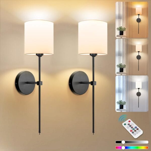 Adetu Battery Operated Wall Sconce Set of 2, 5CCT Black Rechargeable Wall Light with Remote, 10 Dimmable Colors Wireless Wall Lamps for Bedroom Living Room Hallway Decor