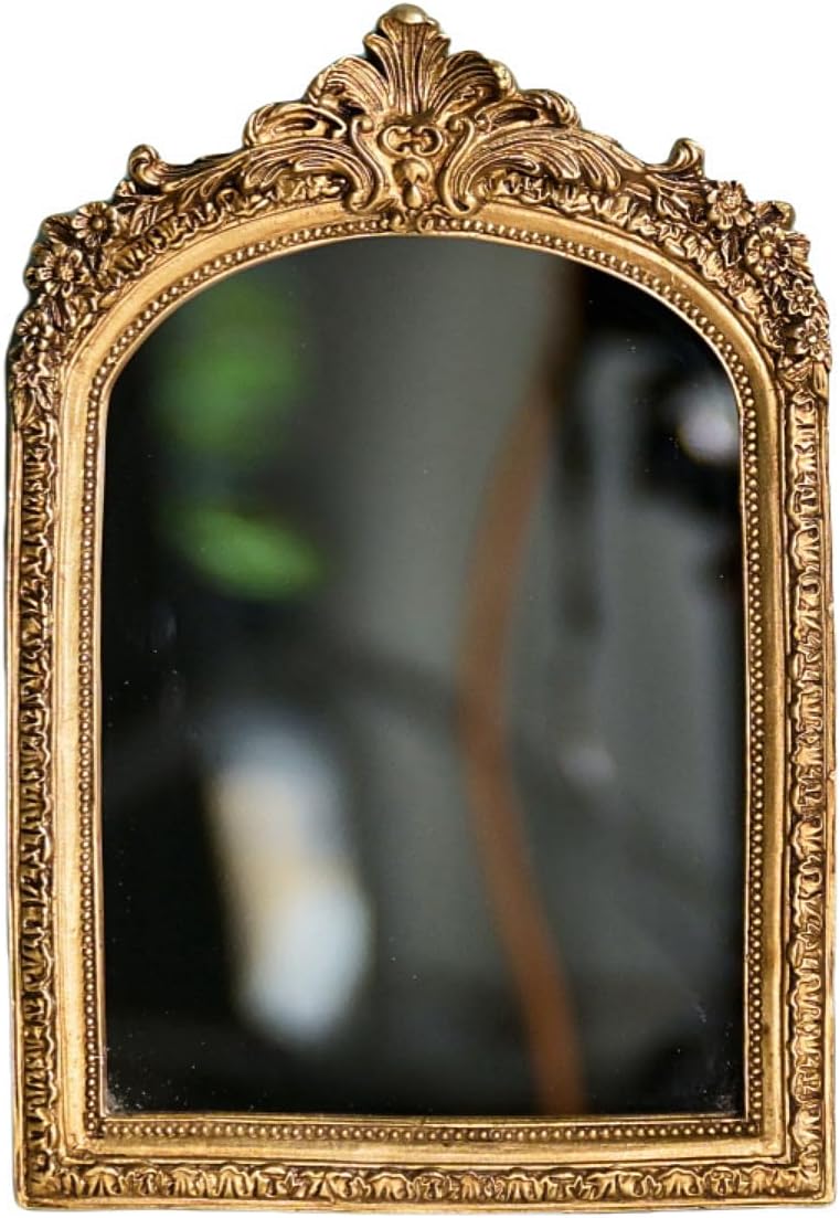 Small Gold Vintage Wall & Tabletop Mirror, 10' x 7', Art Deco Style, Antique Gold Resin Frame