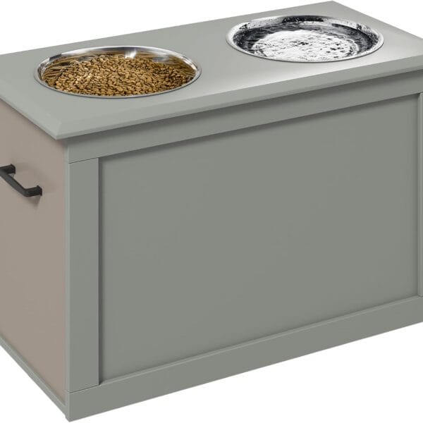 PawHut Raised Pet Feeding Storage Station with 2 Stainless Steel Bowls Base for Large Dogs and Other Large Pets, Gray