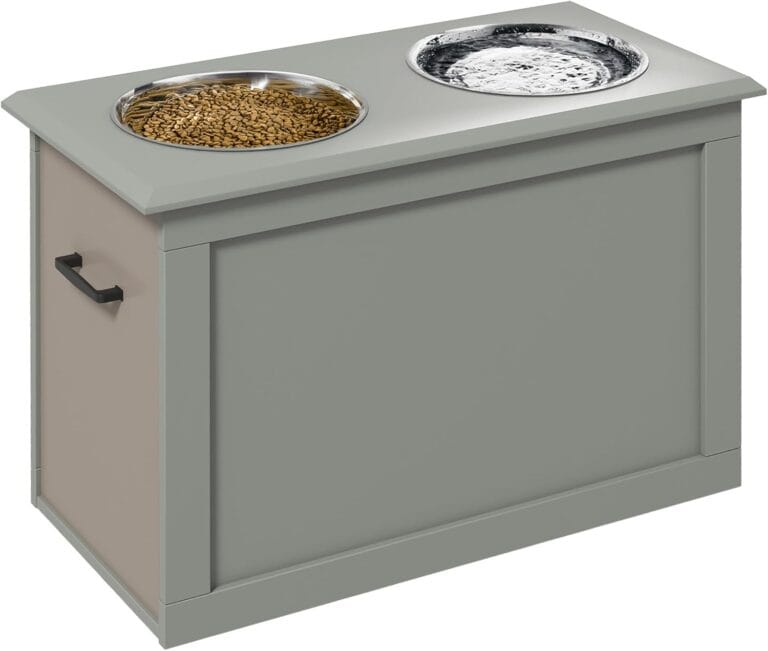 PawHut Raised Pet Feeding Storage Station with 2 Stainless Steel Bowls Base for Large Dogs and Other Large Pets, Gray