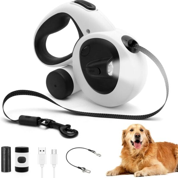Retractable Dog Leash with USB Rechargeable LED Light, 16 ft Heavy Duty Dog Lead with Poop Bag Holder & Steel Cable, Leash for Small Medium Large Dogs, White