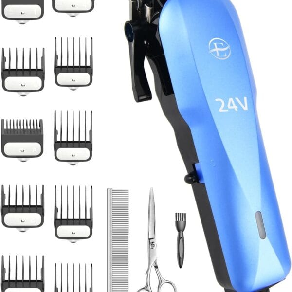 Professional Dog Grooming Clippers Kit, 24V High Power for Thick Coats, Quiet Dog Clippers with 10 Metal Guard Combs & Brush, Ideal Dog Hair Remover for Cats and Pets