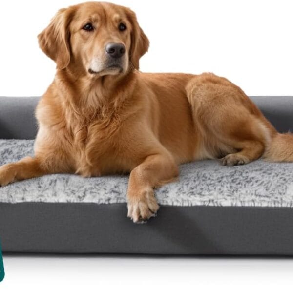Furhaven Orthopedic Dog Bed for Large Dogs w/ Removable Bolsters & Washable Cover, For Dogs Up to 95 lbs - Two-Tone Plush Faux Fur & Suede L Shaped Chaise - Stone Gray, Jumbo/XL