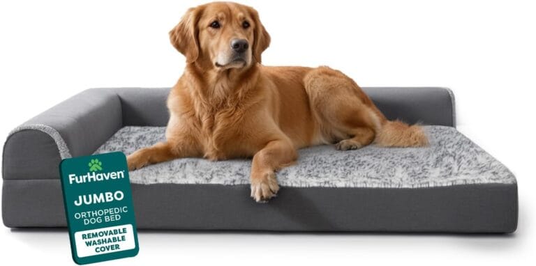 Furhaven Orthopedic Dog Bed for Large Dogs w/ Removable Bolsters & Washable Cover, For Dogs Up to 95 lbs - Two-Tone Plush Faux Fur & Suede L Shaped Chaise - Stone Gray, Jumbo/XL