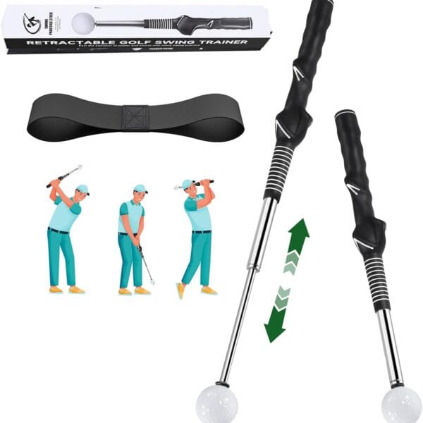 Retractable Golf Swing Trainer - Golf Swing Training Aid,Golf Grip Trainer  Improve Swing Tempo | Click Stick Right-Handed Training Aid with Arm Band for All Golfers,Indoor & Outdoor Use