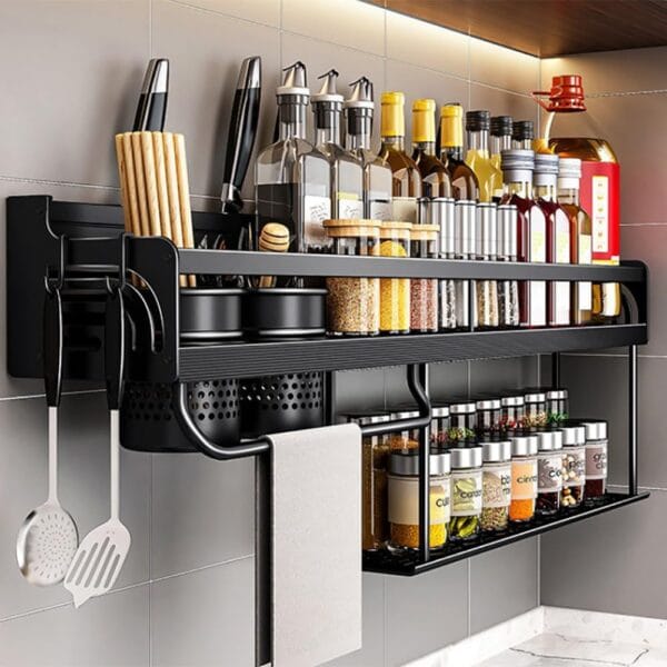 2-Tier Kitchen Organizer Rack Wall Mounted, Storage Shelf with 8-Hooks for Pans, Seasoning Organizer for Kitchen Organization and Storage, Black