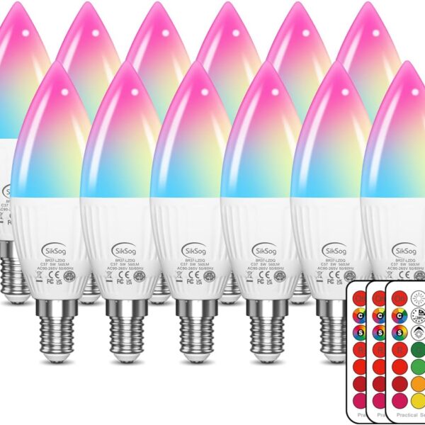 E12 LED Bulb Color Changing Candelabra Light Bulb with Remote Control, 50W Incandescent Equivalent, 560 Lumen,Cool White 5000K + 12 Colors, 5W E12 Small Base, Decorative Chandelier Light Bulb, 12 Pack