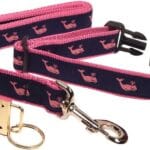 Preston Pink Whale on Navy Collar and Leash Set, Medium and Large Dogs, Free Matching Key Ring (Large, 1 1/4 Inch Width)