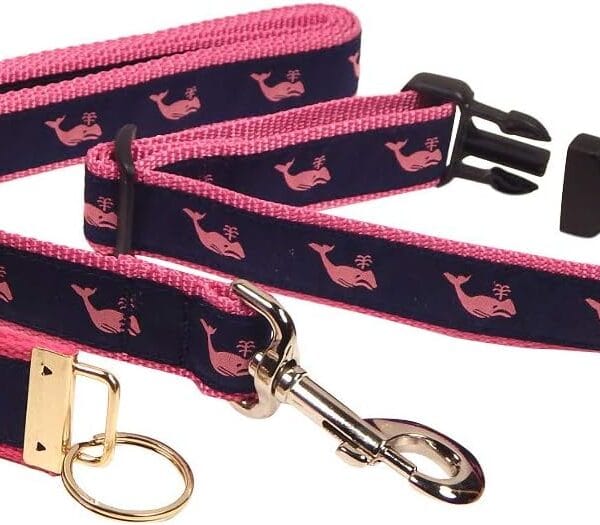 Preston Pink Whale on Navy Collar and Leash Set, Medium and Large Dogs, Free Matching Key Ring (Large, 1 1/4 Inch Width)
