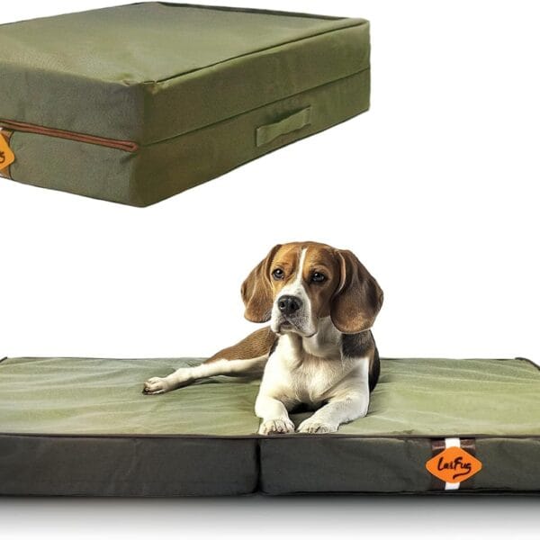 Laifug Foldable Waterproof Dog Bed for Large Dogs - Outdoor Orthopedic Dog Bed with Washable Removable Cover, Pet Mattress with Handles, Army Green, (36 x 27 x 3.5, inches)