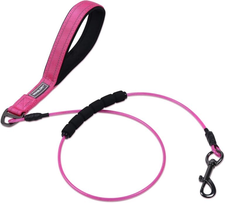 VIVAGLORY Chew Proof Dog Leash Toughbite Non Chewable Dog Leash with Traffic Handle & Double Handle for Training & Walking, Chew Proof Non Chewable Metal for Pet Puppy, 4FT, Pink