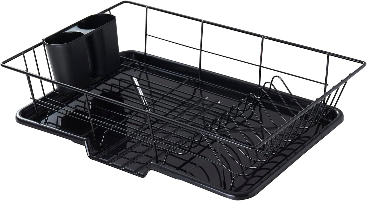Space-Saving 3-Piece Dish Drainer Rack Set with Cutlery Holder - Maximize Countertop Space, Black Space-Saving 3-Piece Dish Drainer Rack Set with Cutlery Holder - Maximize Countertop Space, Black