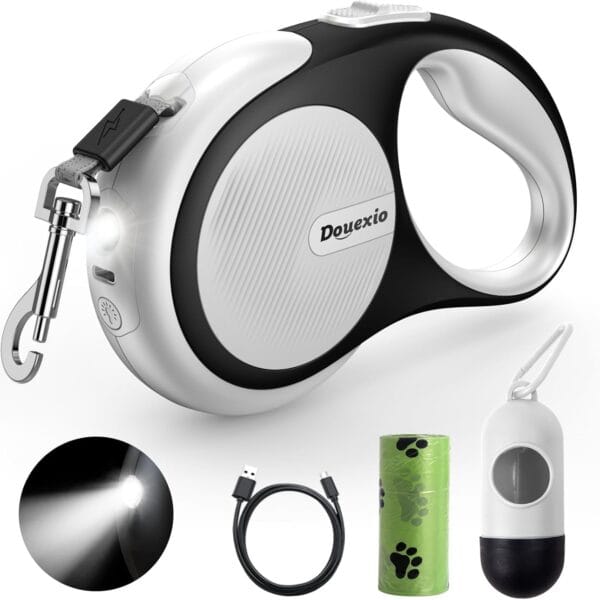 Retractable Dog Leash with LED Flashlight, Douexio Upgrade 3 in 1 Dog Leash Retractable for Small Medium Dogs Up to 66 lbs, Anti-Slip Handle (White)