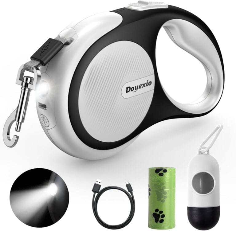 Retractable Dog Leash with LED Flashlight, Douexio Upgrade 3 in 1 Dog Leash Retractable for Small Medium Dogs Up to 66 lbs, Anti-Slip Handle (White)