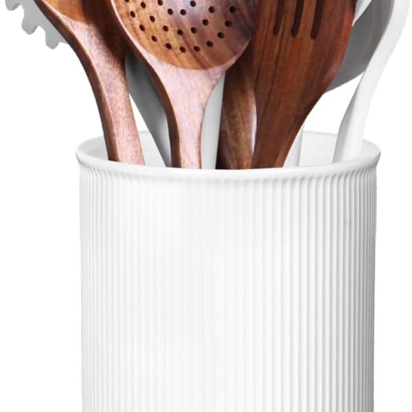 LoeJan Utensil Holder, Extra Large Utensil Crock, Stable Ceramic Utensil Organizer, Cooking Tool Organizer Set for Kitchen Counter Farmhouse Decor (E-6.7" White)