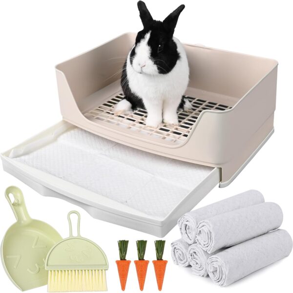 Large Rabbit Litter Box Bunny Potty Training Corner Litter Pan with Drawer Comes with Liners Rabbit Pee Pads, Small Animal Bedding Toilet for Adult Guinea Pig, Ferret, Hamster, Bunnies