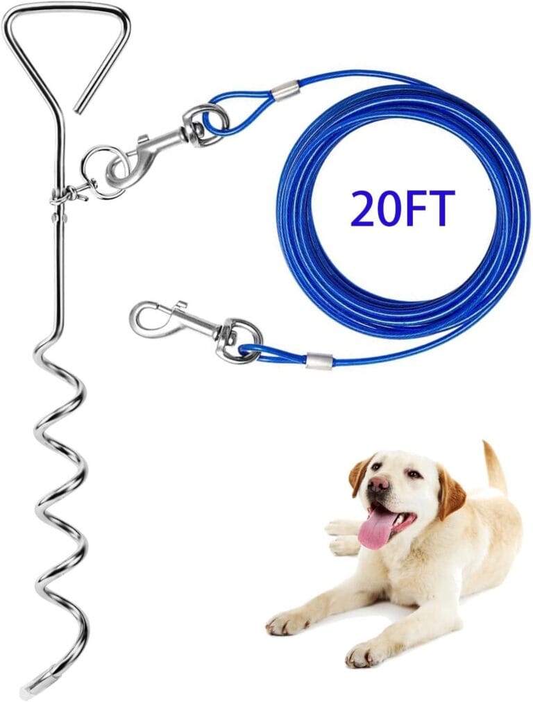Evilplan Dog Tie Out Cable and Stake, 20ft Outside Dog Leash&Chain for Camping and Yard, 16'' Heavy Duty Anti Rust Spiral Stake for Medium-Large Dogs Up to 125 lbs (20FT, Blue)