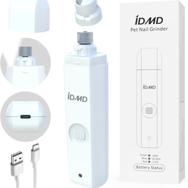 Dog Nail Grinder with Light Dog Nail Trimmers Quiet Powerful 2-Speed Rechargeable Electric Pet Nail Grinder File Toenail Clippers for Large Medium Small Dogs & Cats (White+Charging Cable)