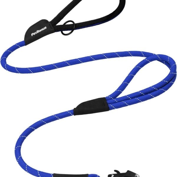 PetBonus Two Handles Dog Leash, 5FT Heavy Duty Pet Rope Leash with Quick Release Metal Clip, Comfortable Durable Traffic Handle, Reflective Training Lead for Medium Large Dogs (Blue)