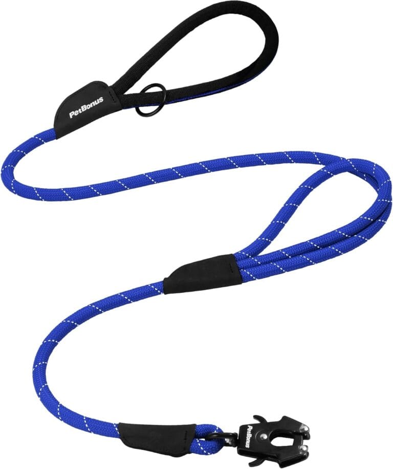 PetBonus Two Handles Dog Leash, 5FT Heavy Duty Pet Rope Leash with Quick Release Metal Clip, Comfortable Durable Traffic Handle, Reflective Training Lead for Medium Large Dogs (Blue)