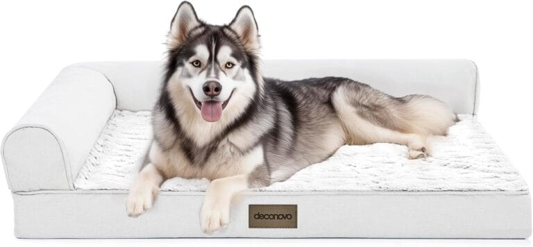 Deconovo Sofa Dog Bed with L-Shape Bolster, Supportive Eggrate Foam, PV Velvet Top, Anti-Slip Waterproof Bottom, Zippered Washable Cover, Large Dogs & XL Options, White, 36x28x8 Inches