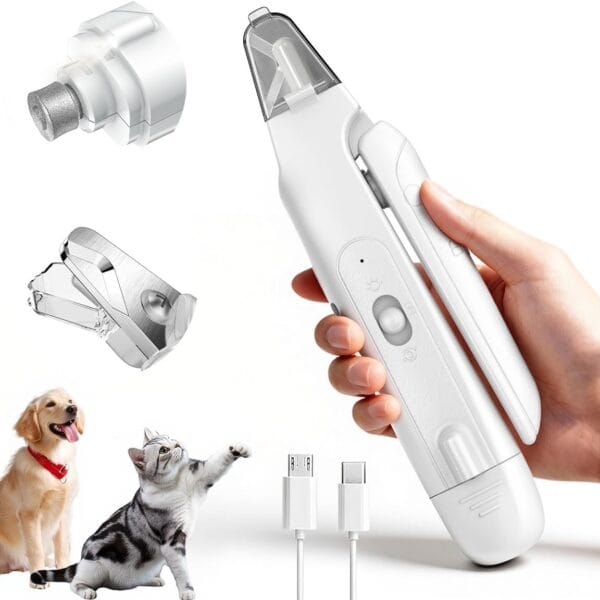 2-in-1 Dog Nail Clippers & Cat Nail Clippers Trimmers for Large Medium Small Dogs Cats Claw Trimmer Quick Sensor and Safety Guard USB Rechargeable with 2 LED Lights Dogs Nail Trimmer (White)