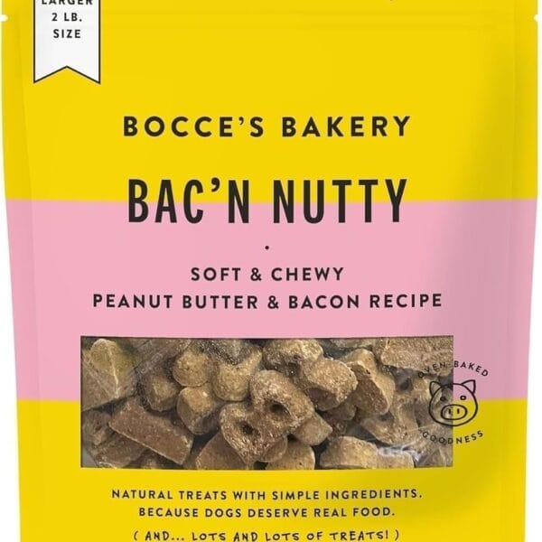 Boccces Bakery Bac'n Nutty Dog Treats - Peanut Butter & Bacon 2 LBs (Larger Size) - Simple Ingredients; Wheat-Free