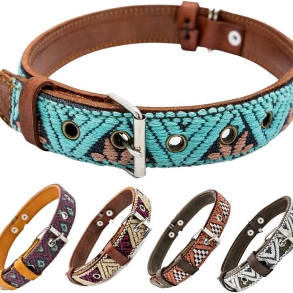 Western Dog Collar  Leather Dog Collar Embroidered Design for Small Medium Large Dogs & Puppy Pets - Aztec & Southwest for Boy and Girl Female & Male Dogs - Collar Para Perro (Medium, Teal)