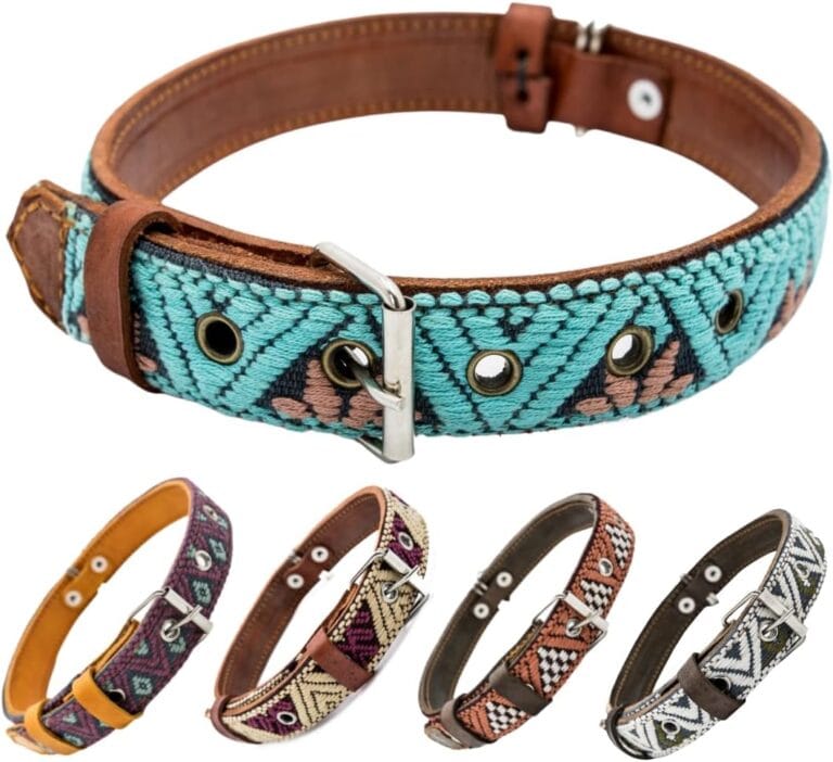 Western Dog Collar  Leather Dog Collar Embroidered Design for Small Medium Large Dogs & Puppy Pets - Aztec & Southwest for Boy and Girl Female & Male Dogs - Collar Para Perro (Medium, Teal)