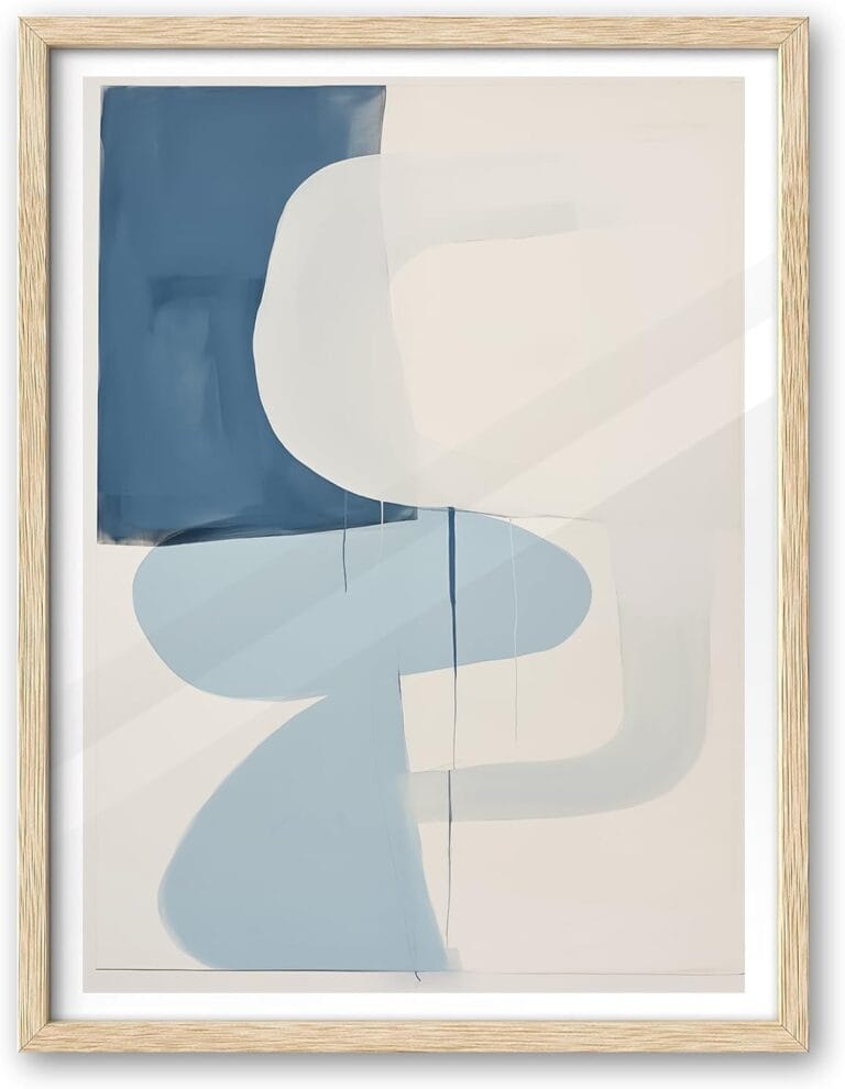 iHery Natural OAK Wood Abstract Blue and Beige Framed Wall Art, Large 16x20 in Canvas Wall Art Modern Blue and White Fluid Shapes Wall Decor, Minimalist Contemporary For Bedroom Living Room 1Pack