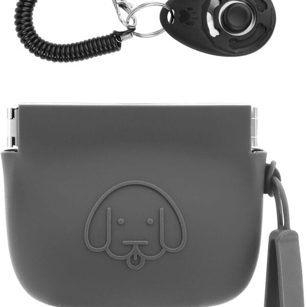 WALLFID Silicone Dog Treat Pouch Small Bag,Auto Closure,with Pet Training Clicker,Walking Bag for Dog and Cat,Pocket Size,Easy to Clean,Odorless (dark gray)